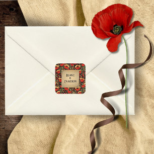 Ländliche rote Mohn-Blumen Hochzeit Briefumschlag  Quadratischer Aufkleber