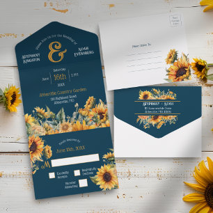 Ländliche rustikale Navy-Blau-Gold-Sonnenblumen-Ho All In One Einladung