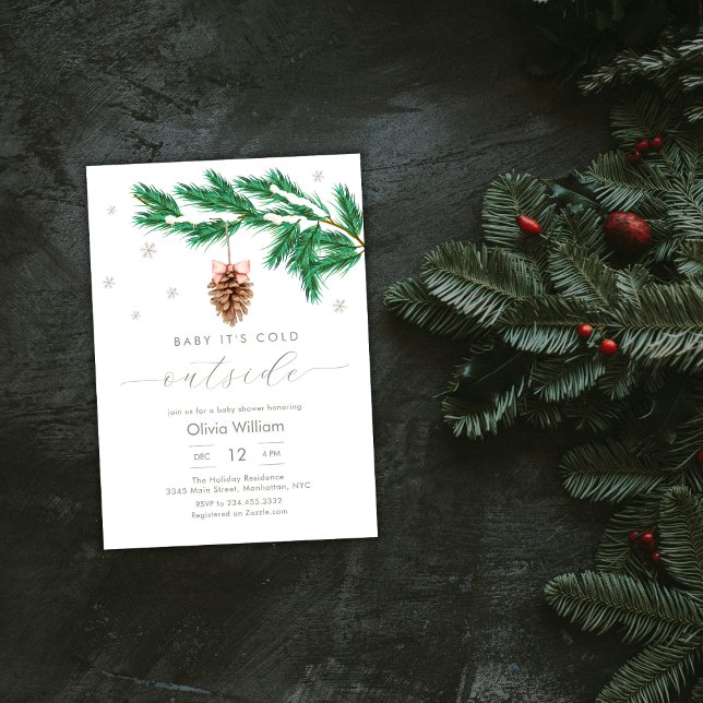 Ländliche Schneeflohne Kiefernnuss Babyparty Einladung (Rustic Winter Snowflake Pine cone Baby Shower Invitation)