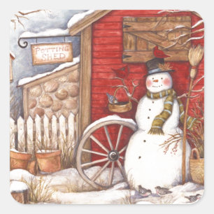 Ländliche Schneemann-Winterszene Quadratischer Aufkleber