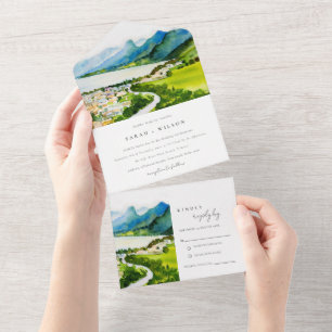 Ländliche Seenlandschaft Dorf Landschaft Hochzeit All In One Einladung