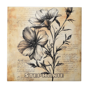 Ländliche Sepia-Botanik Französische Landblumen Fliese