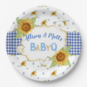 Ländliche Sonnenblume Blau Gingham Baby Q Barbeque Pappteller