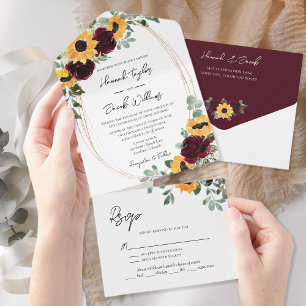 Ländliche Sonnenblumen-Herbst-Hochzeit mit Antwort All In One Einladung