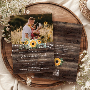 Ländliche Sonnenblumen Holz QR Code RSVP Hochzeit Einladung
