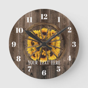 Ländliche Sonnenblumen & Holzrad Landhausstil Runde Wanduhr