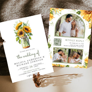 Ländliche Sonnenblumen-Mason-Glas-QR-Code-Hochzeit Einladung