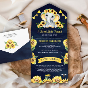 Ländliche Sonnenblumen Navy Blau Elefant Baby Show All In One Einladung