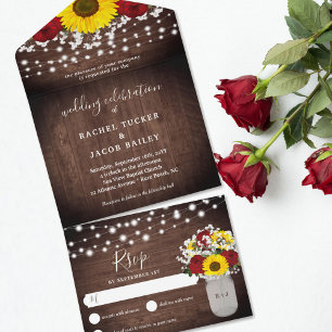 Ländliche Sonnenblumen Rosen Glühbirnen Hochzeit All In One Einladung