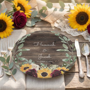 Ländliche Sonnenblumen und Rosen Holzhochzeit Pappteller