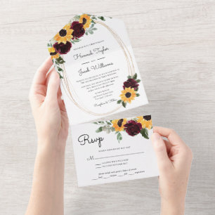 Ländliche Sonnenblumen- und Rosenhochzeit All In One Einladung