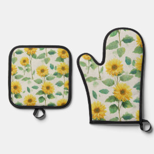 Ländliche Sonnenblumen-Wasserfarben-Blumen-Farmhau Ofenhandschuh & Topflappen-Set