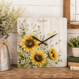 Ländliche Sonnenblumen-Wasserfarben-Blumen-Farmhau Quadratische Wanduhr