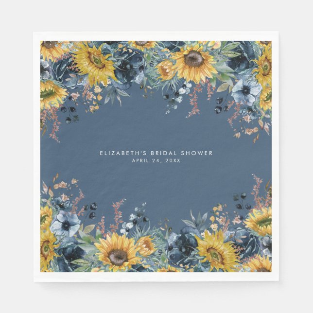 Ländliche staubblaue Sonnenblumen-Brautparty Serviette (Vorderseite)