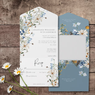 Ländliche staubblaue Wildblumen & Gänseblümchen Ke All In One Einladung