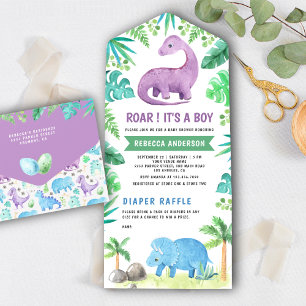 Ländliche süße blaue und violette Dinosaurier-Baby All In One Einladung