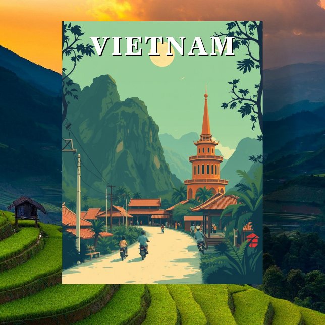 Ländliche Vietnam - Reise - Illustration Postkarte (Rural Vietnam Travel Illustration Postcard)