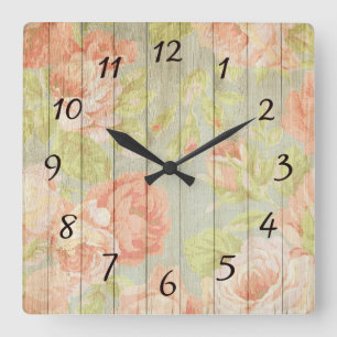 Ländliche Vintage-Blumen-Holrose Quadratische Wanduhr