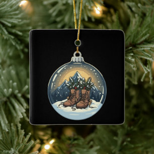 Ländliche Wanderstiefel Bergszene Weihnachten Keramikornament
