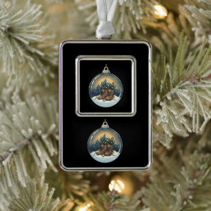 Ländliche Wanderstiefel Bergszene Weihnachten Rahmen-Ornament Silber