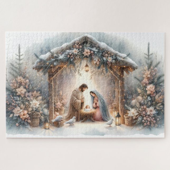 Ländliche Weihmachtskrippe mit Winterblumen (Horizontal)