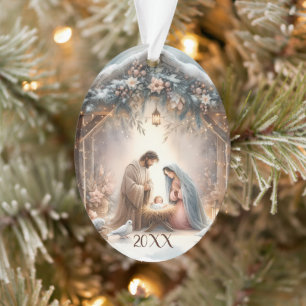 Ländliche Weihmachtskrippe mit Winterblumen Karte Ornament