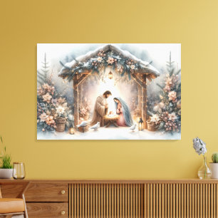 Ländliche Weihmachtskrippe mit Winterblumen Leinwanddruck
