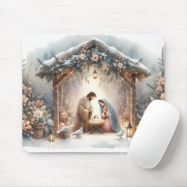 Ländliche Weihmachtskrippe mit Winterblumen Mousepad (Mit Mouse)