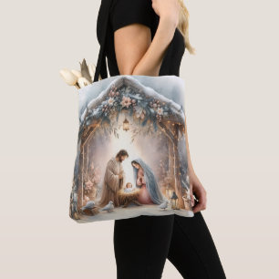 Ländliche Weihnachtskrippe mit winterlichen Blumen Tasche