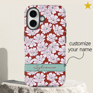 Ländliche weiße Blumen Skizze Rot Türkis Benutzern iPhone 16 Hülle