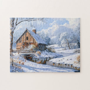 Ländliche Winter-Scheune am gefrorenen Bach