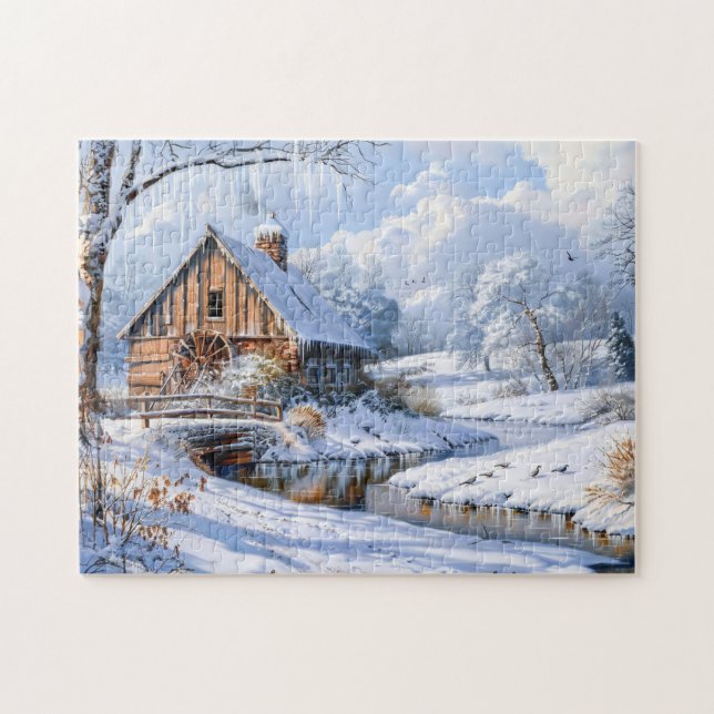 Ländliche Winter-Scheune an gefrorenem Bach (Horizontal)