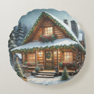 Ländliche Winter-/Weihnachts-Schneehütte Rundes Kissen