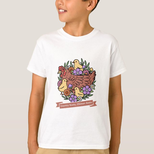Ländliche Wurzeln, Hühnerstiefel-Hühnchen  T-Shirt (Vorderseite)