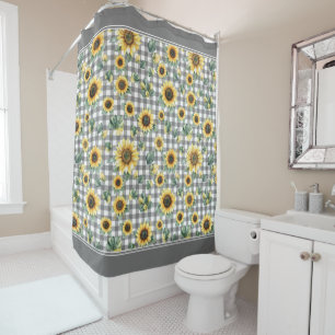 Ländlicher Bauernhof Sonnenblumen und Gingham  Duschvorhang