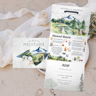 Ländlicher Bergfluss Wald   Illustrierte Hochzeit Dreifach Gefaltete Einladung