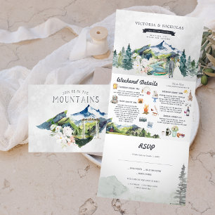 Ländlicher Bergfluss Wald   Illustrierte Hochzeit Dreifach Gefaltete Einladung