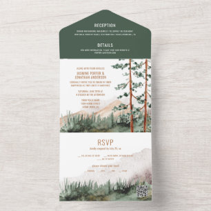 Ländlicher Bergkiefernbaum-Nebel-Hochzeits-QR-Code All In One Einladung