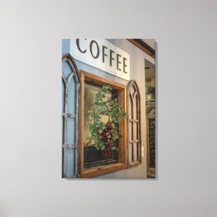 Ländlicher Charme: Antikes Fenster und Kaffeeschil Leinwanddruck