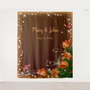 Ländlicher dunkler Holz-Orangen-Blumen-Hochzeitshi Wandteppich