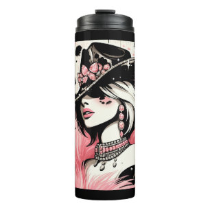 Ländlicher Glam Cowgirl Rosa Funkeln Kuhleder Druc Thermosbecher