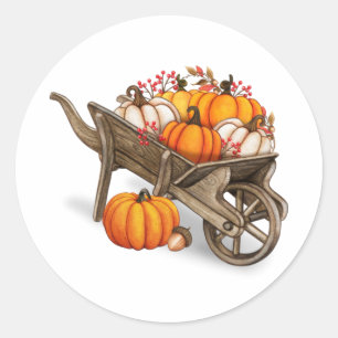 Ländlicher Herbst-Wagen aus Holz mit Kürbissen Runder Aufkleber