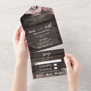 Ländlicher Holzstaub Rosa Antike Spitze Hochzeit All In One Einladung