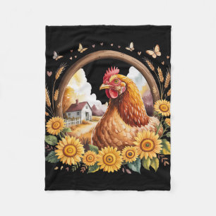 Ländlicher Hühner-Sonnenblumen-Bauernhaus-Szene-Ra Fleecedecke