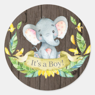 Ländlicher Junge Elefant Baby Shower Gelb Runder Aufkleber