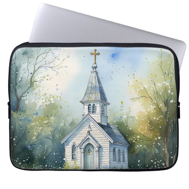 Ländlicher Kirchenweg in einer Wildblumenwiese Laptopschutzhülle (Vorderseite)