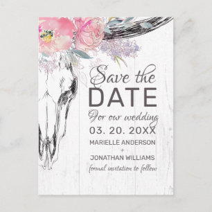 Ländlicher Kuhschädel Boho Rosa Floral Save-the-Da Ankündigungspostkarte
