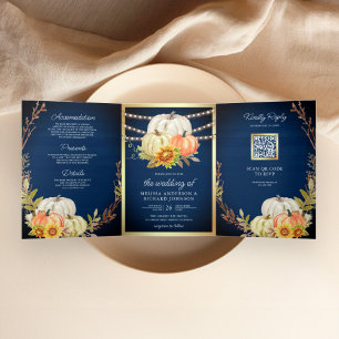 Ländlicher Navy-Holz-Sonnenblumen-Kürbis-QR-Code-H Dreifach Gefaltete Einladung