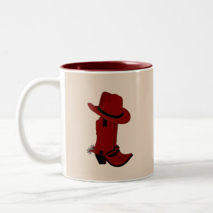 Ländlicher roter Hut & Stiefel auf Beige Zweifarbige Tasse