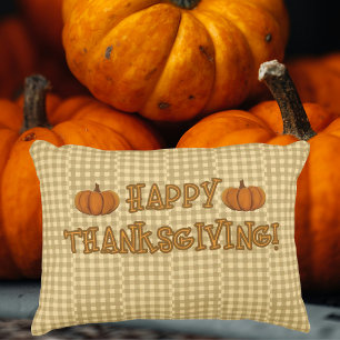 Ländlicher Vintage-Neutral-Karo-Thanksgiving-Kürbi Dekokissen